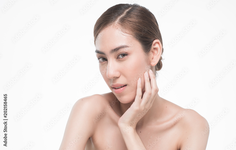 Young beautiful asia woman touching her face isolated on white background concept skincare cosmetic Young beautiful asia woman touching her face isolated on white background concept skincare cosmetic