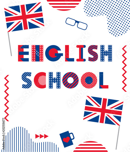 English School. Trendy geometric font. Text and geometric elements isolated on a white background. Memphis style of 80s-90s.