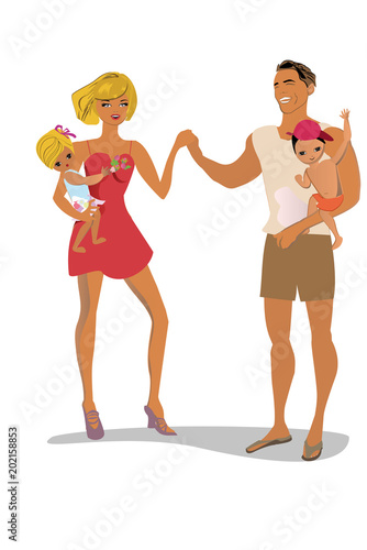  Father and mother with their little chidren on the beach in summer. Vector illustration of happy Family.