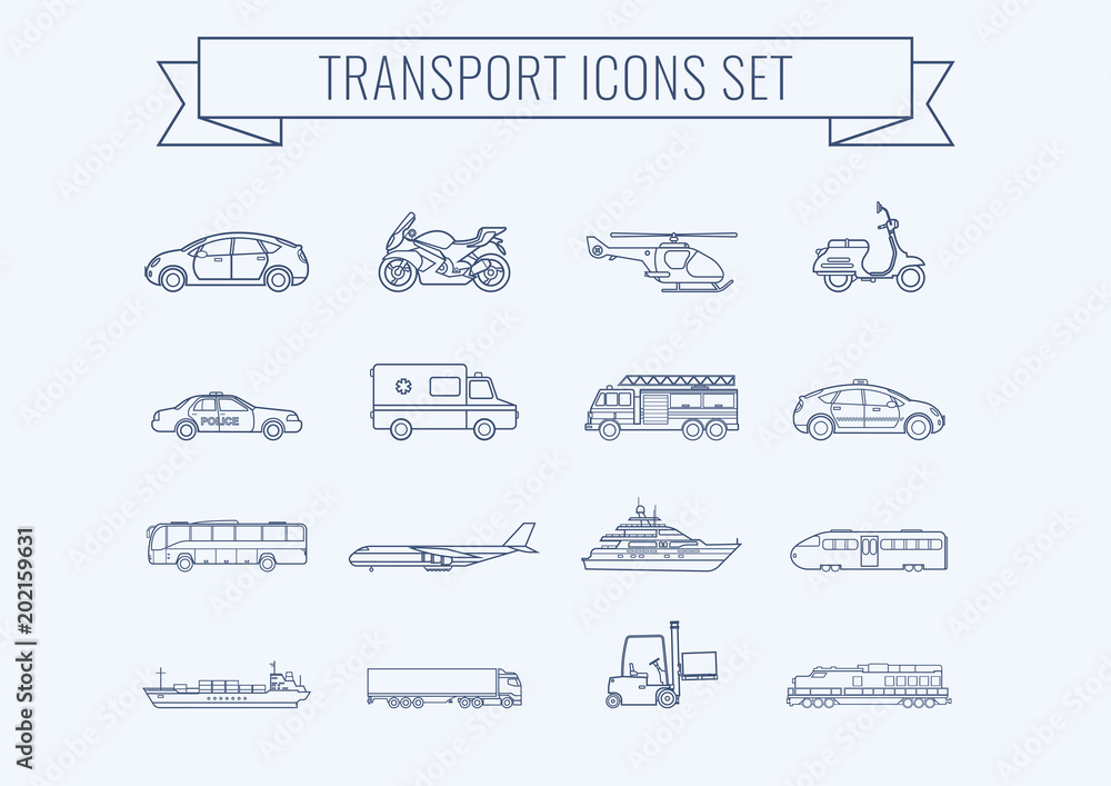Transportation icons set. City cars and vehicles transport. Car, ship, airplane, train, motorcycle, helicopter. Outline icons. Vector
