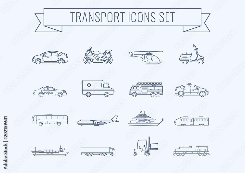 Transportation icons set. City cars and vehicles transport. Car, ship, airplane, train, motorcycle, helicopter. Outline icons. Vector Transportation icons set. City cars and vehicles transport. Car, ship, airplane, train, motorcycle, helicopter. Outline icons. Vector