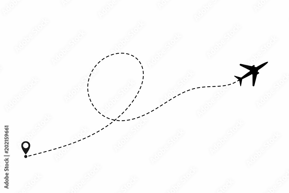 Airplane path in dotted line shape. Airplane flying in the white background Airplane path in dotted line shape. Airplane flying in the white background