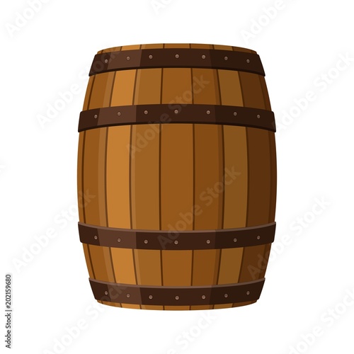 Alcohol barrel, drink container, wooden keg icon isolated on white background. Barrel for wine, rum, beer or gunpowder. Vector Illustration