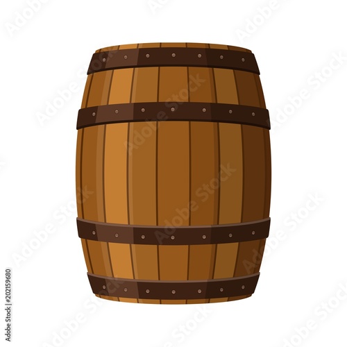 Alcohol barrel, drink container, wooden keg icon isolated on white background. Barrel for wine, rum, beer or gunpowder. Vector Illustration photo