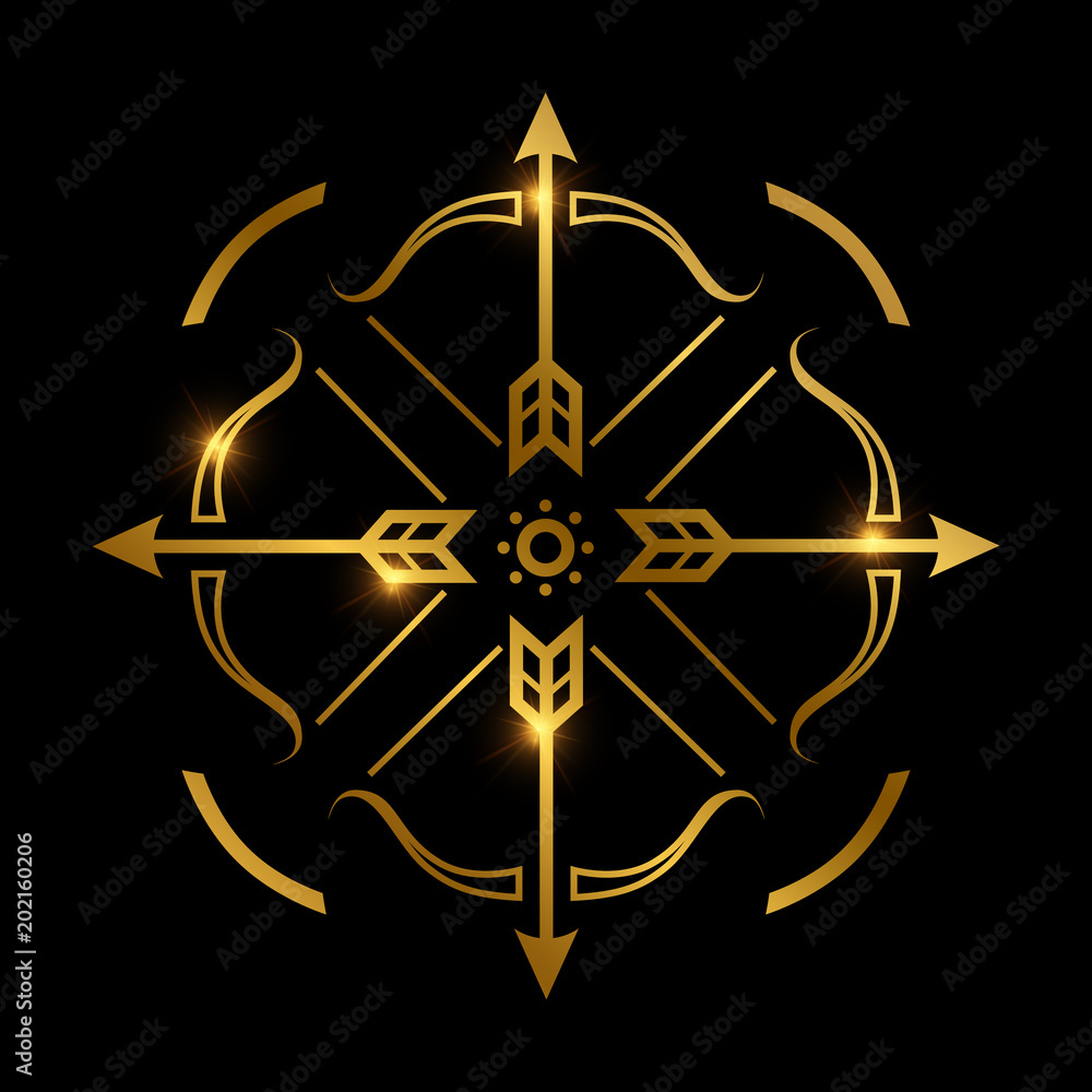 Fotografie Bow and arrows on black background. Archery emblem vector design