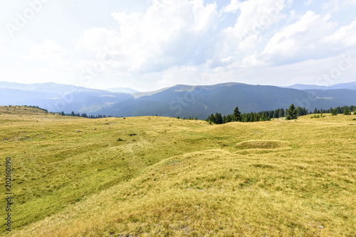 Daylight view to green grass field with mountains and haze