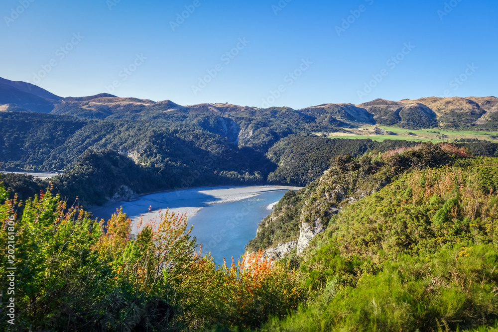 Mountain canyon and river landscape in New Zealand