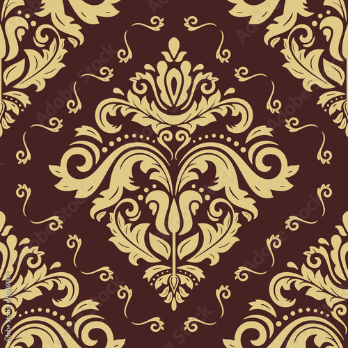Damask classic pattern. Seamless abstract background with repeating elements. Orient brown and golden background