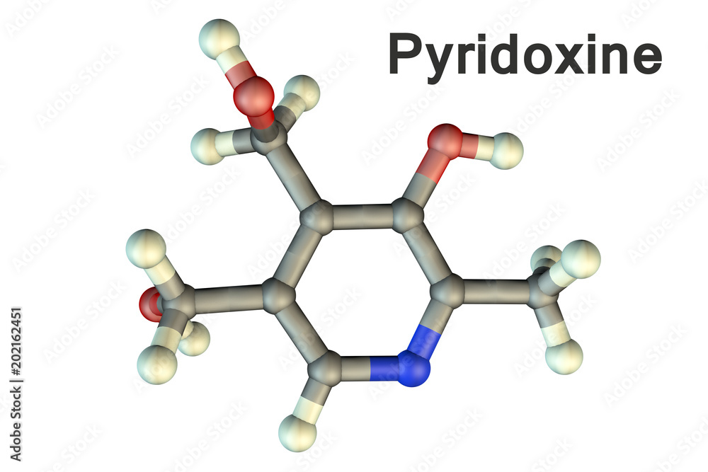 Molecular model of vitamin B6, pyridoxine, 3D illustration. It plays