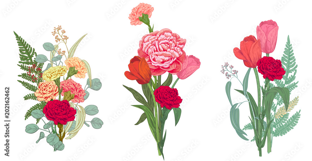 Three bouquets red, pink, yellow flowers and greenery: carnation, peony, tulip, green leaves fern, eucalyptus on white background, hand draw, colorful engraving vintage sketch style, botanical vector