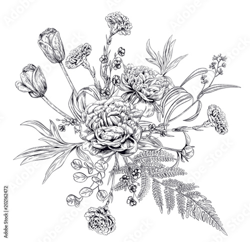 Bouquet of black monochrome flowers and greenery: carnation, peony, tulip, leaves fern, eucalyptus on white background, hand draw, engraving vintage sketch style, botanical vector