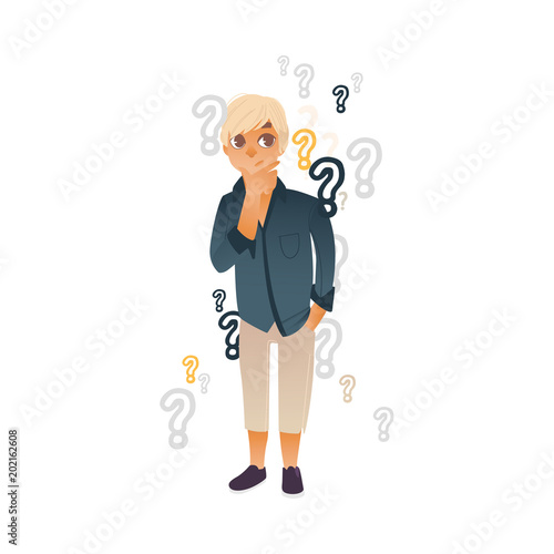 Young blonde hair man in casual clothing standing in thoughtful curious pose holding his chin thinking with questions above head. Isolated vector illustration full lenght portrait in cartoon style