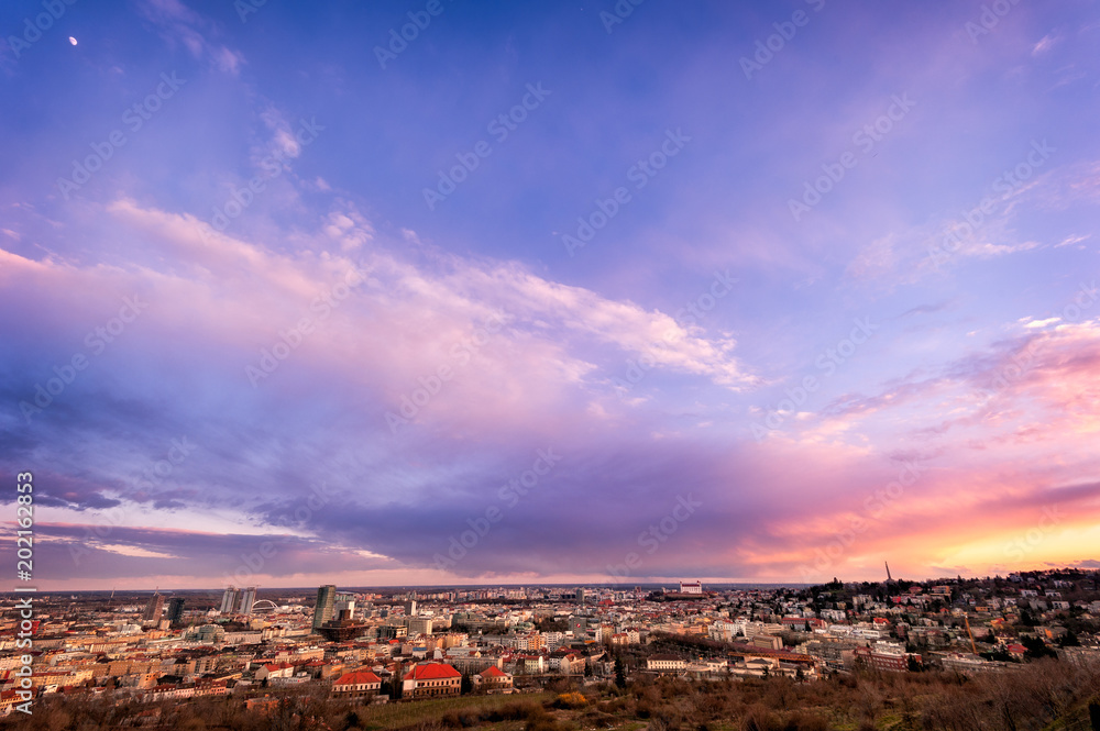 Wide angle shot of capital city of Slovakia - Bratislava at the sunset