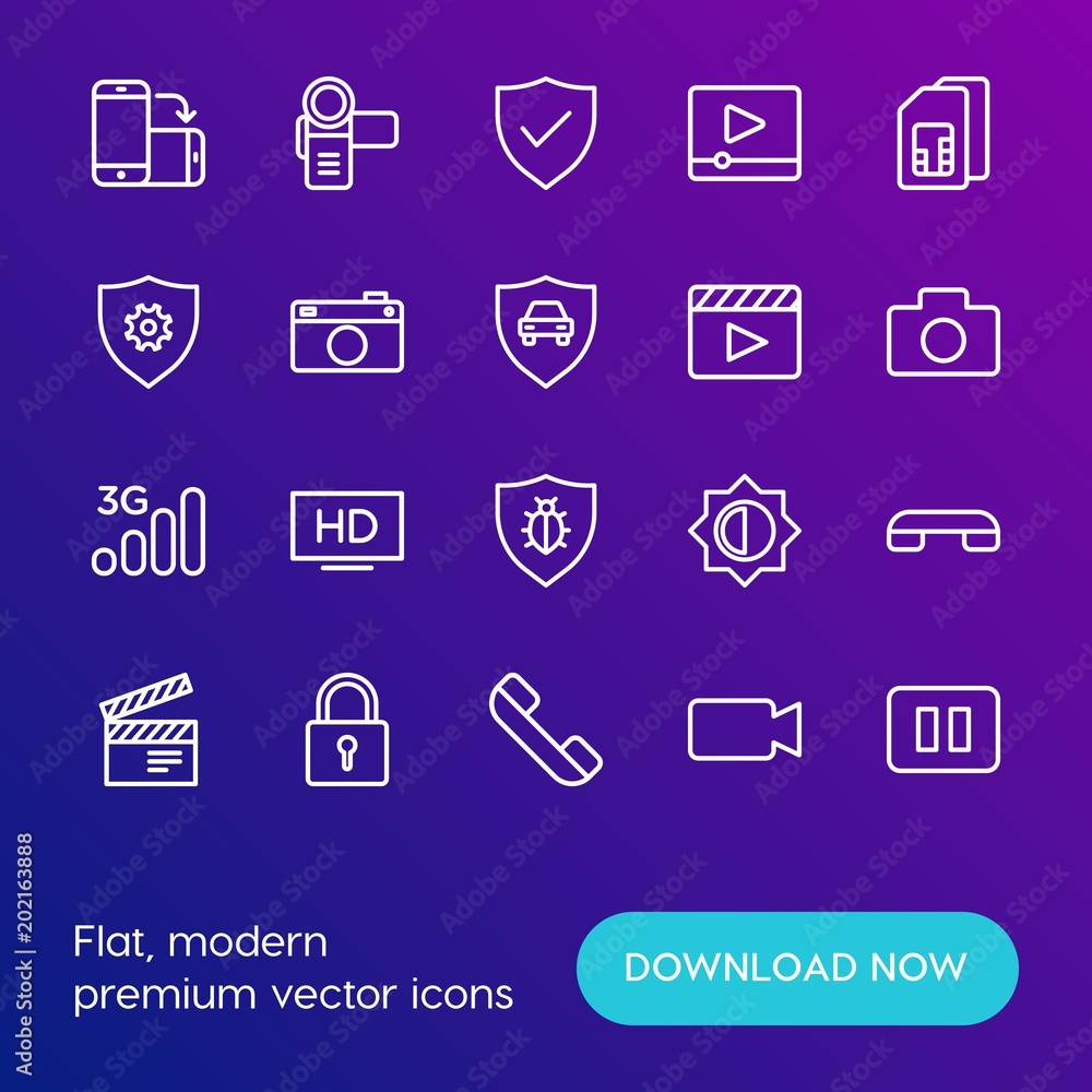 Modern Simple Set of mobile, security, video, photos Vector outline Icons. Contains such Icons as security, tv, telephone, video, hd and more on gradient background. Fully Editable. Pixel Perfect. Modern Simple Set of mobile, security, video, photos Vector outline Icons. Contains such Icons as security, tv, telephone, video, hd and more on gradient background. Fully Editable. Pixel Perfect.