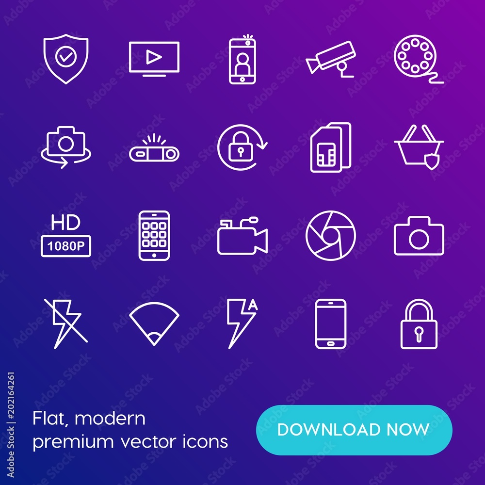 Modern Simple Set of mobile, security, video, photos Vector outline Icons. Contains such Icons as button, capture, smartphone, play and more on gradient background. Fully Editable. Pixel Perfect. Modern Simple Set of mobile, security, video, photos Vector outline Icons. Contains such Icons as button, capture, smartphone, play and more on gradient background. Fully Editable. Pixel Perfect.