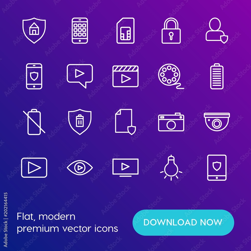 Modern Simple Set of mobile, security, video, photos Vector outline Icons. Contains such Icons as  lens,  media, card,  safety,  movie and more on gradient background. Fully Editable. Pixel Perfect.