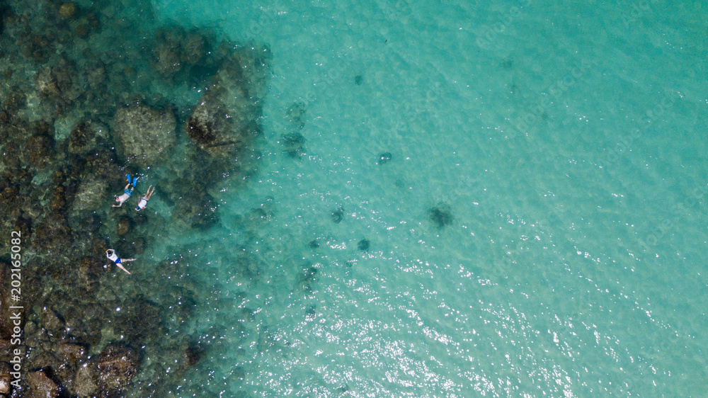 Fototapeta premium Aerial: overhead view at people snorkeling in transparent green foaming waves against the rocky line and coral bottom 