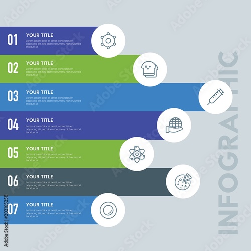 Flat food, health, science, nature infographic steps template with 7 options for presentations, advertising, annual reports.