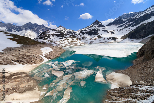 Melting snow and ice near a glacier in the alps due to global warming 