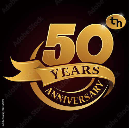 50 years golden anniversary logo celebration with golden ring and ribbon.