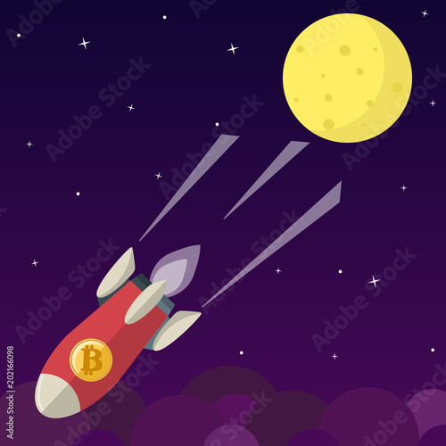 Bitcoin icon rocket ship in flat style
