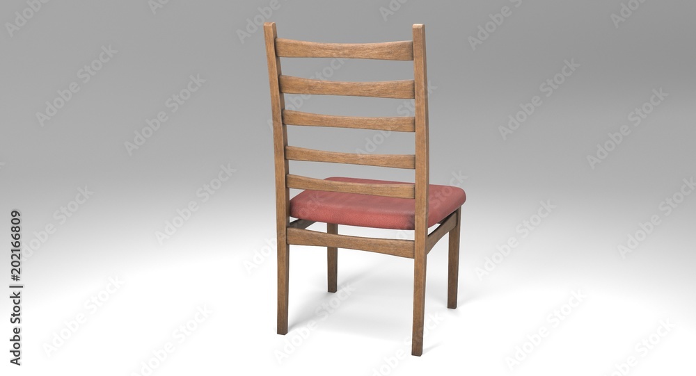 3D rendering - retro wooden chair with a saddle covered with a red cloth isolated on white background. 3D rendering - retro wooden chair with a saddle covered with a red cloth isolated on white background.