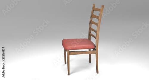 3D rendering - retro wooden chair with a saddle covered with a red cloth isolated on white background.
