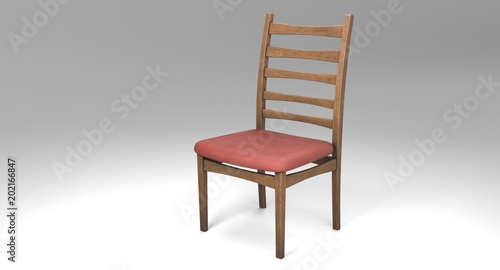 3D rendering - retro wooden chair with a saddle covered with a red cloth isolated on white background.