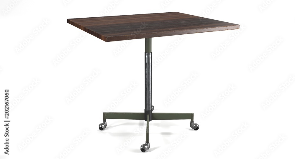 3D rendering - old wooden table on wheels isolated on white background. 3D rendering - old wooden table on wheels isolated on white background.