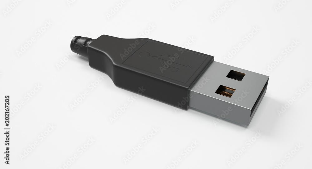 3D rendering - set of power usb cables with micro-b, type-c and lightning connectors isolated on white background. 3D rendering - set of power usb cables with micro-b, type-c and lightning connectors isolated on white background.