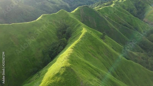 Aerial View. Flight over a green grassy hills.