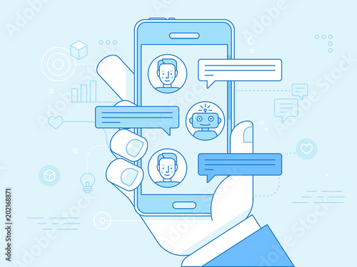 Vector flat linear illustration in blue colors - chatbot concept
