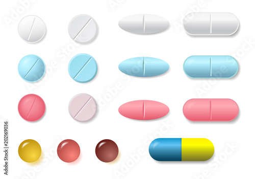 Set of white, pink and blue round and oval medicine pills and capsules of various kinds, isolated vector on white background
