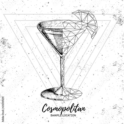 Hipster realistic and polygonal cocktail cosmopolitan on grunge background