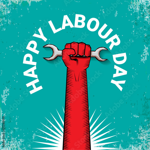 1 may Happy labour day vector label with strong red fist on torquise background . labor day background or banner with man hand. workers may day poster