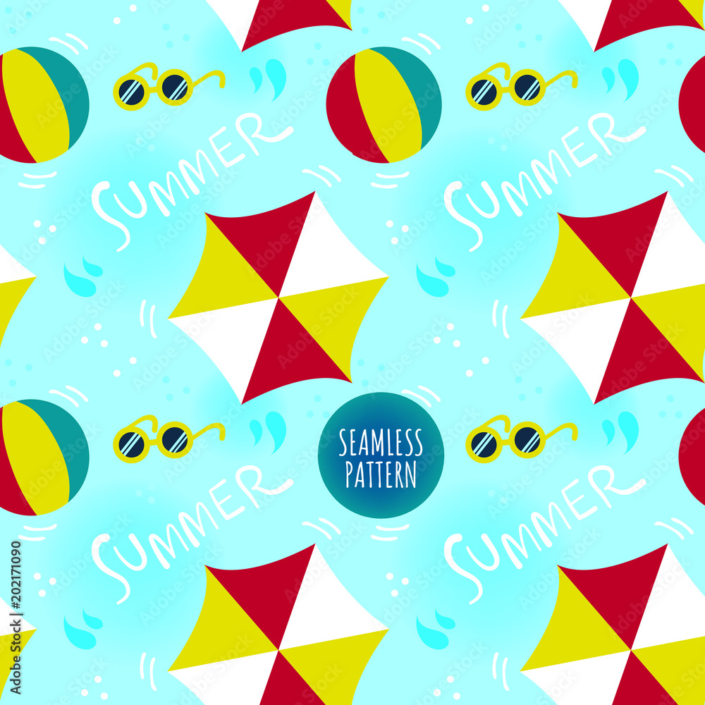 Seamless pattern of Summer holiday season. blue sky background with ball, parasol, sunglasses and hand written word 