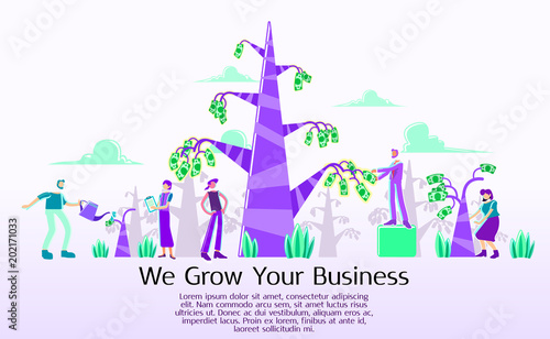 Business concept of vector illustration, Grow Money, Business Growing, Make money, Monetize with group. Peoples harvest a money from tree illustration
