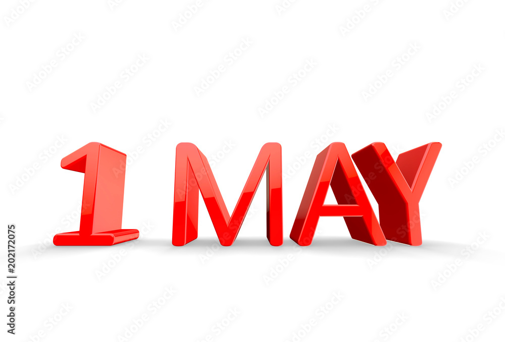 1 may - red glossy text on white background 3D render