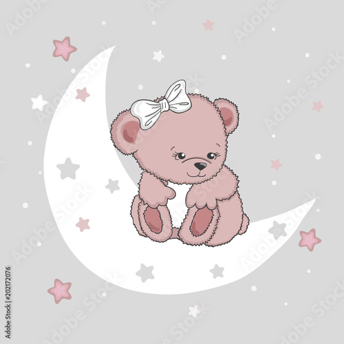 Plakat Cute teddy bear girl on the moon. Baby print, vector illustration.