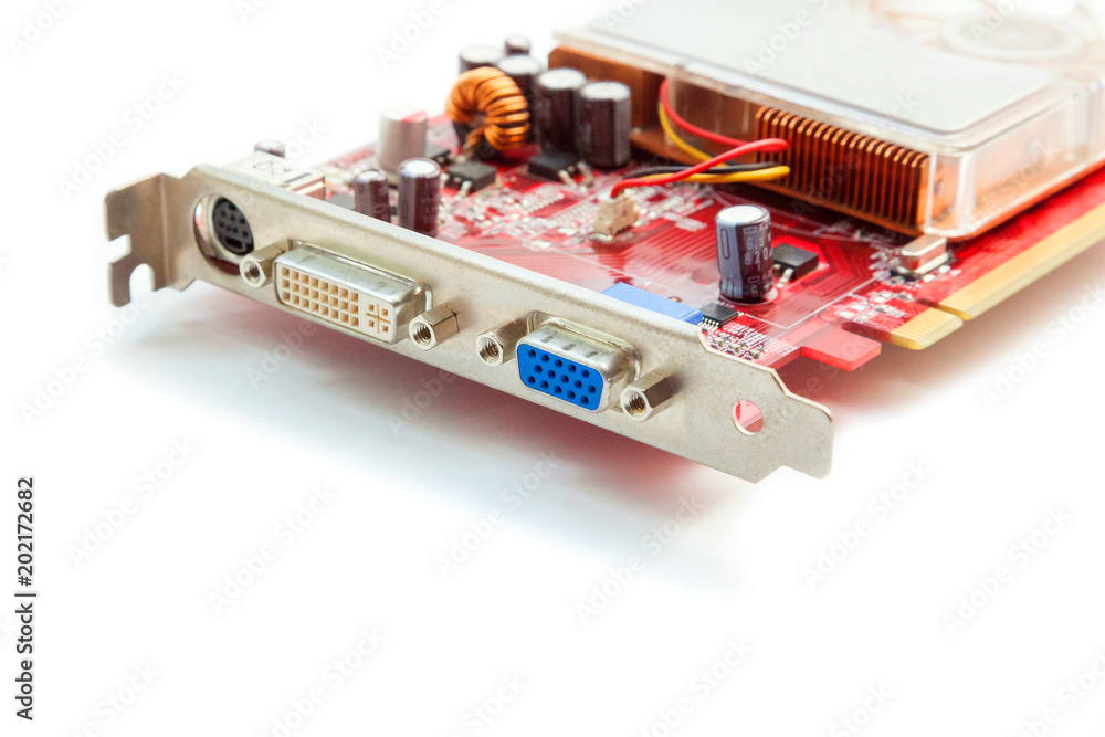 Computer graphic card on white background. Connectors, video signal terminals. Shallow depth of field, macro shot. Computer graphic card on white background. Connectors, video signal terminals. Shallow depth of field, macro shot.