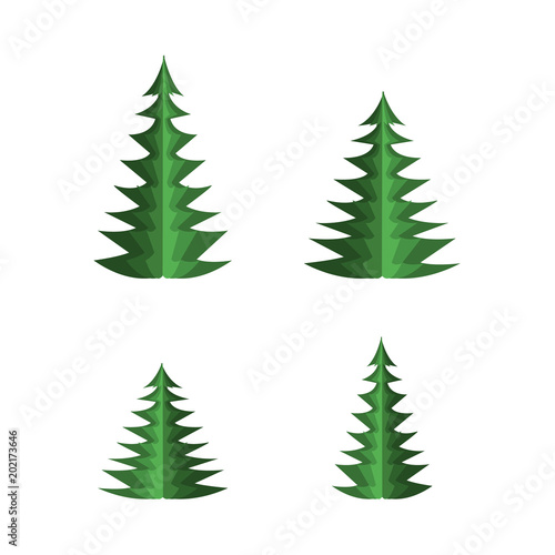 Green paper fir tree set with spruces of different sizes and shapes isolated on white background. Modern art city park  garden or forest natural elements  vector illustration.