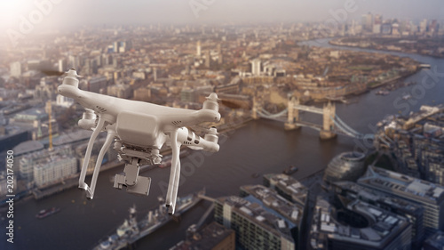 Drone flying over cityscape of London