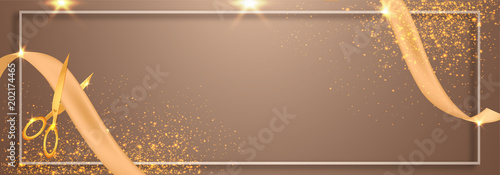Grand Opening Ceremony, Web Banner Design with Golden Ribbon.