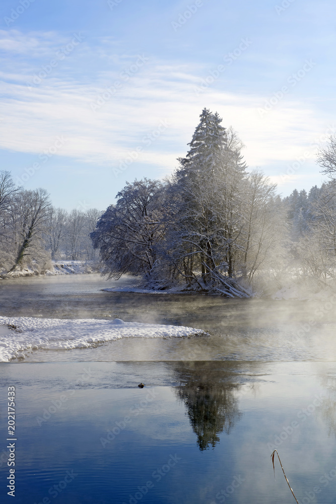 Scenic view of Loisach River in winter Scenic view of Loisach River in winter