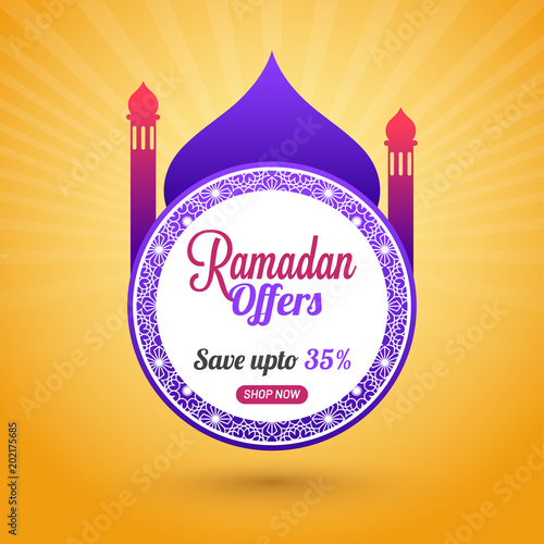 Ramadan Sale background with mosqueon yellow rays background, with save upto 35% offers.