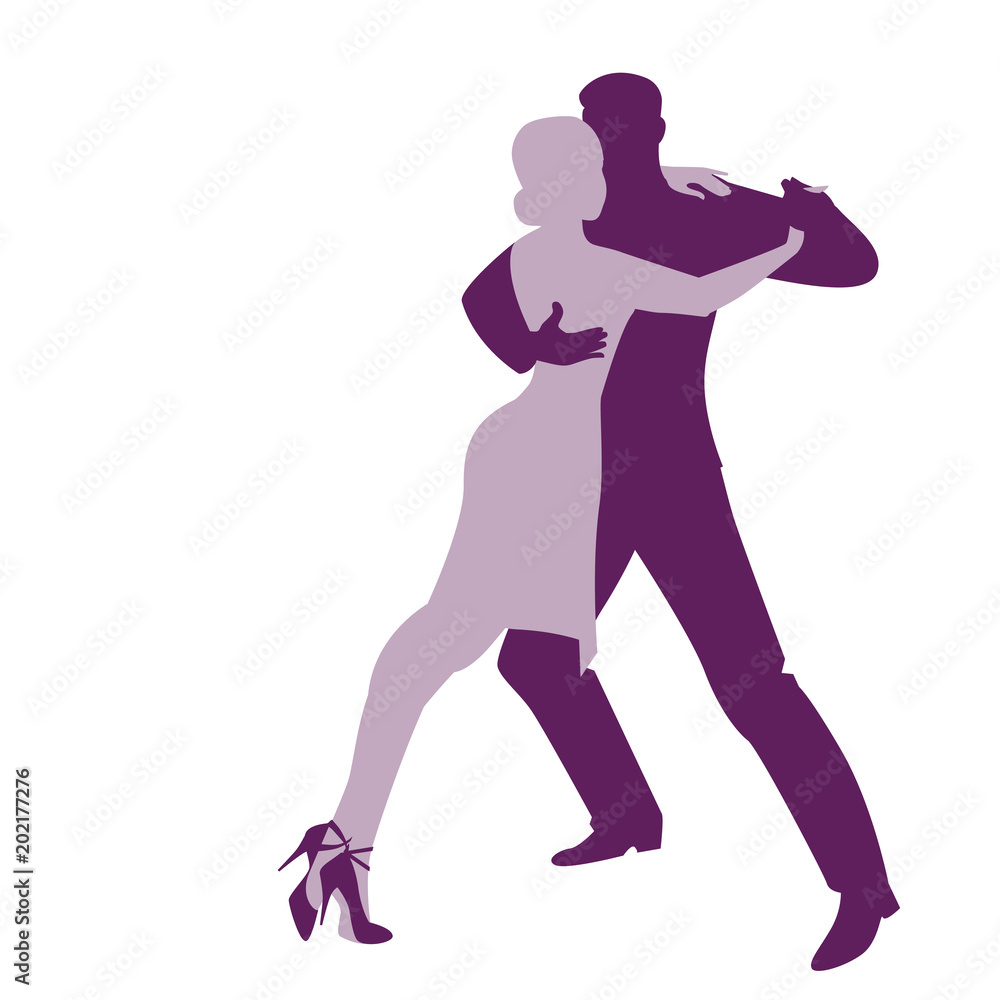 Silhouettes of couple dancing passionate argentine tango isolated on white background