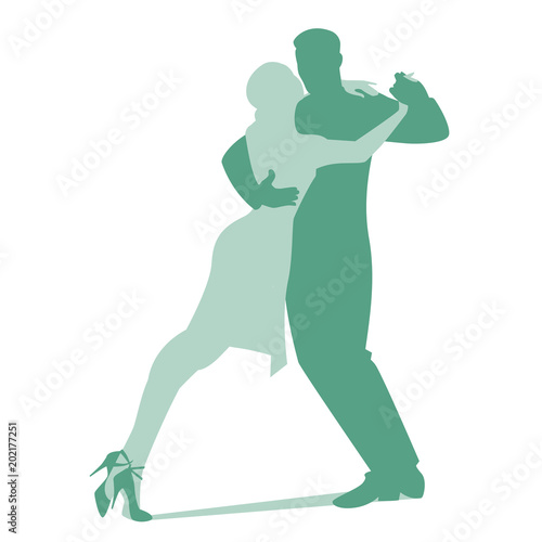 Silhouettes of couple dancing passionate argentine tango isolated on white background