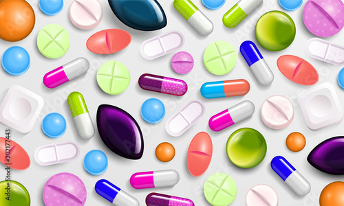 Pills background. Vitamin tablets for good health and antibiotic medications. Poster banner for web site. Pharmacy, painkiller capsules and medical drug.