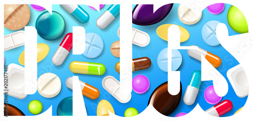 Pills background. Vitamin tablets for good health and antibiotic medications. Poster banner for web site. Pharmacy, painkiller capsules and medical drug.