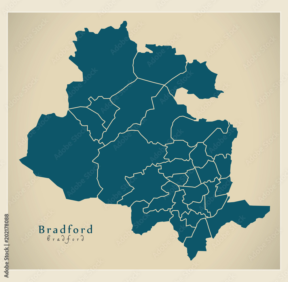 Modern City Map - Bradford city of England with wards UK
